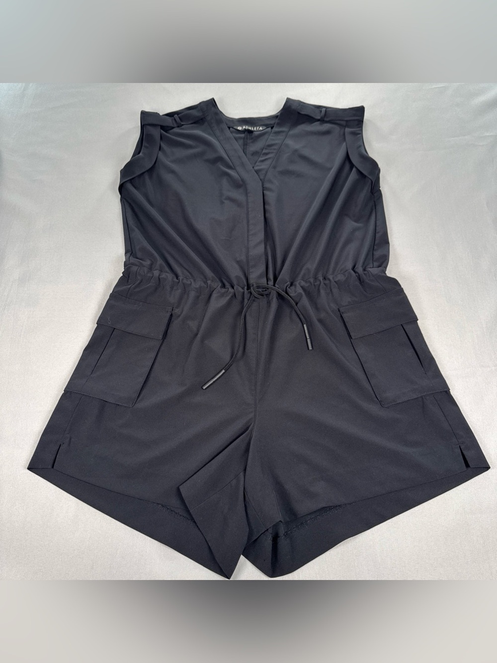 Athleta Womens Sutton Drawstring Romper Shorts Size 0 Black Pockets Short Sleeve - Picture 7 of 12